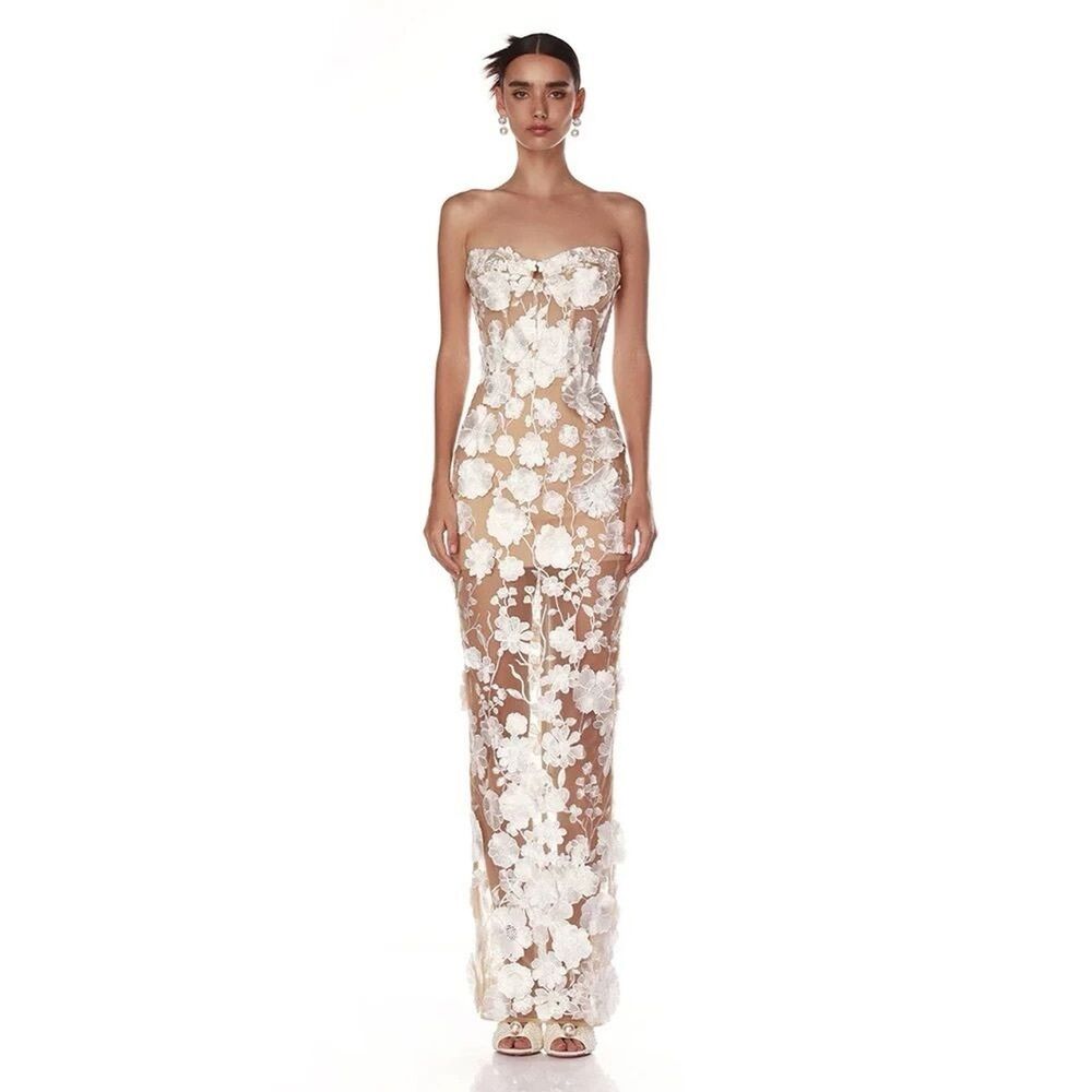 Bronx and Banco White Floral Appliqué Strapless Maxi Dress